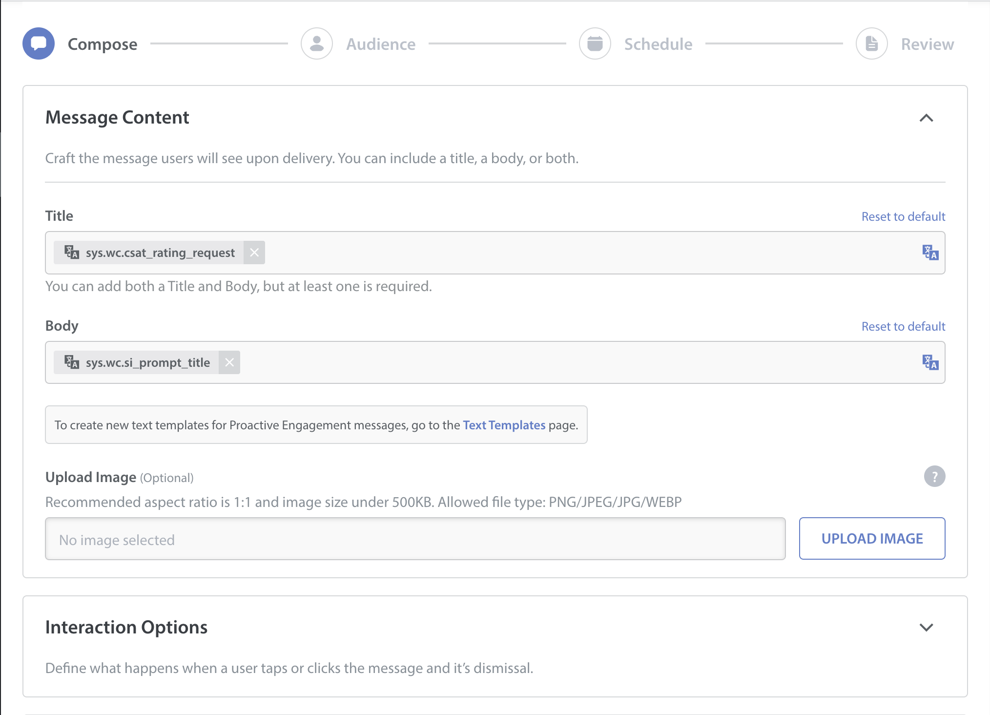 Proactive Engagement campaign compose settings on Helpshift admin dashboard